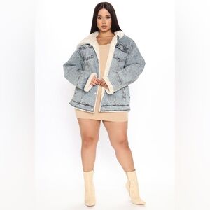 Fashion Nova On The Road Again Denim Fur Jacket - Cream/Acid Wash - NWT XS